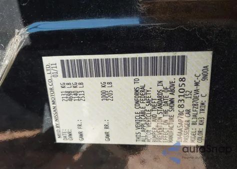 2011 Nissan Maxima 3.5 Sv из США, поврежденный, VIN 1N4AA5AP7BC831058